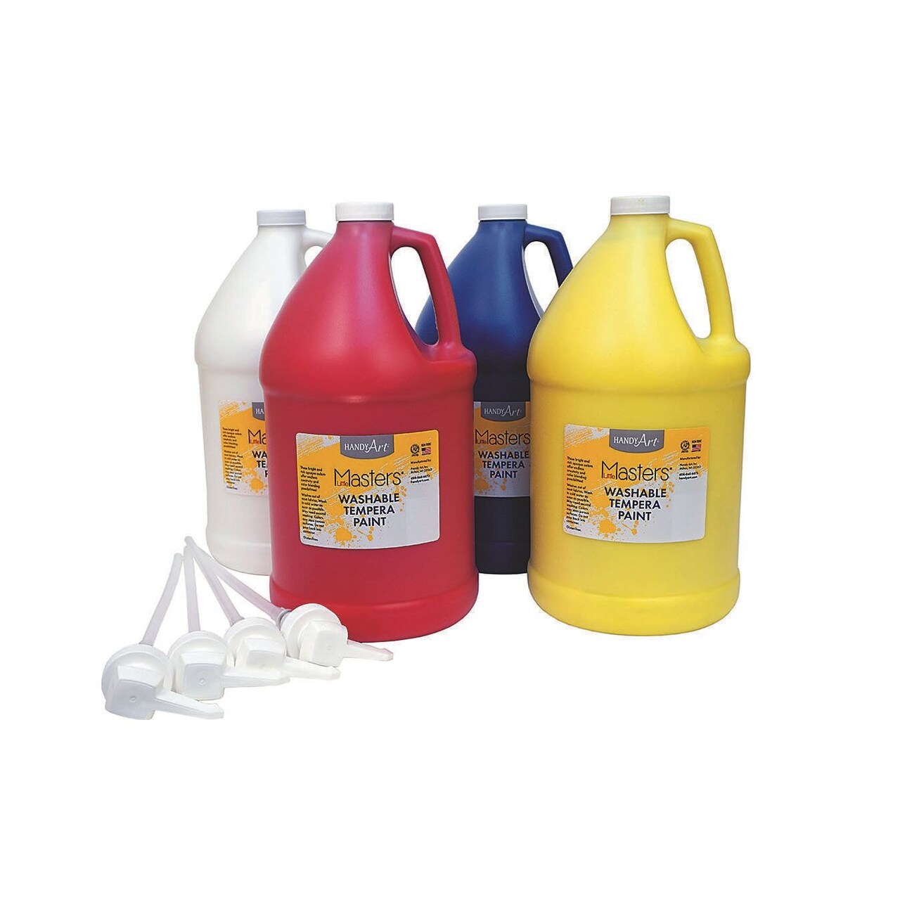 Handy Art Little Masters Washable Tempera Bulk Paint, Primary Colors & White, 4 Paint Pumps, 128-oz (Gallon) Bottles, Arts & Crafts and School, Poster Paint, For Kids & Adults, Non-Toxic Set of 4.